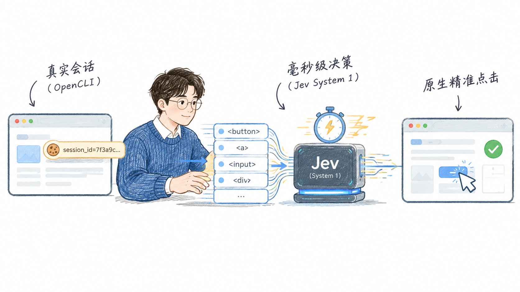 OpenCLI 与 Jev 极速网页自动化架构图